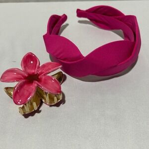 Pink Fabric Headband with Flower Hair Claw Clip‎ Accessories Set